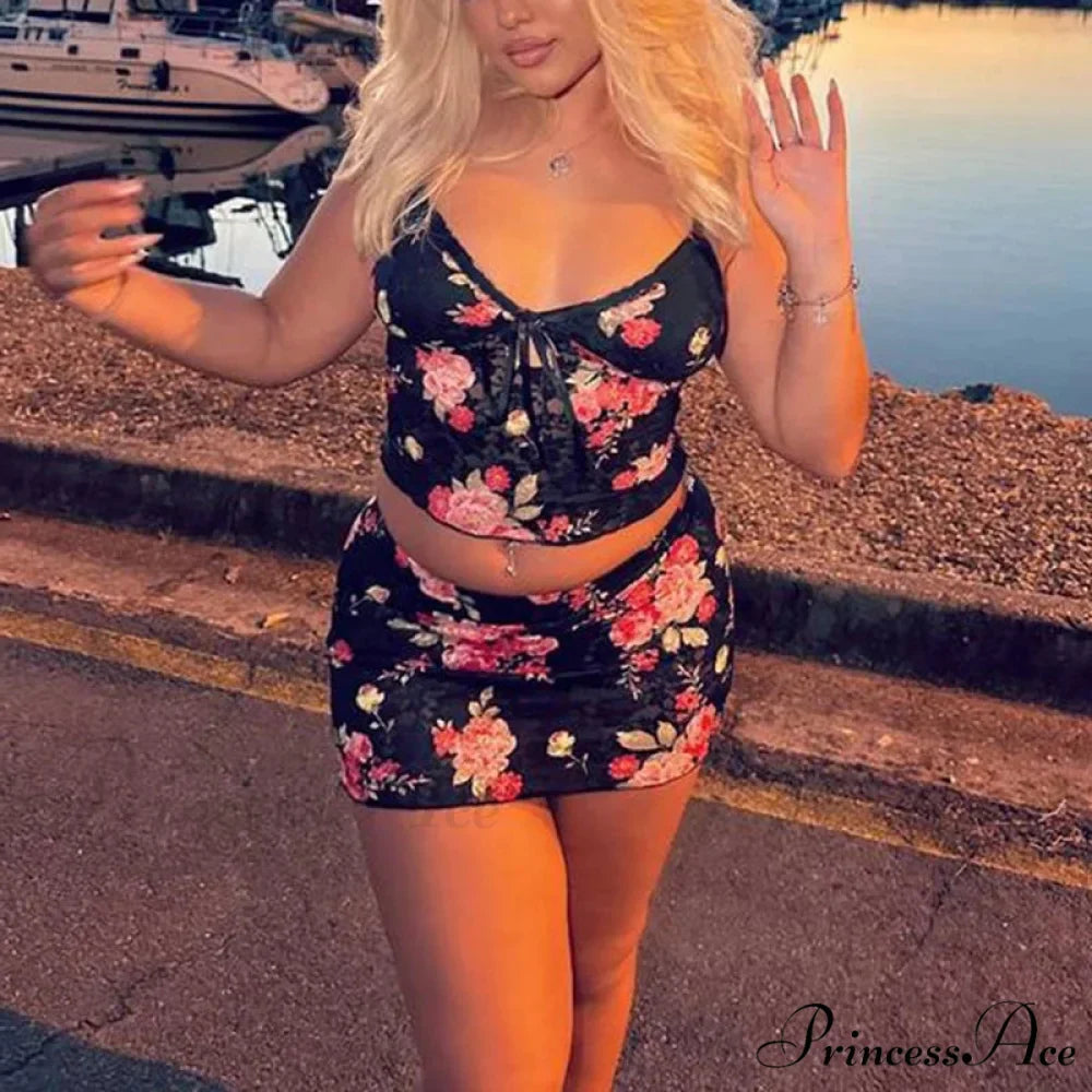 Lacy Flower V Neck Spaghetti Strap Crop Top Mini Pencil Skirt Two Pieces Set