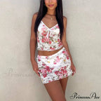 Lacy Flower V Neck Spaghetti Strap Crop Top Mini Pencil Skirt Two Pieces Set