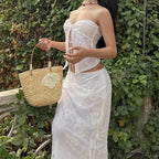 Lacy Front Fasten Crop Top Lengthy Skirt Two Pieces Set