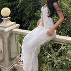 Lacy Front Fasten Crop Top Lengthy Skirt Two Pieces Set