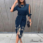 Lady Elegant O Neck Draped Slit Long Dress