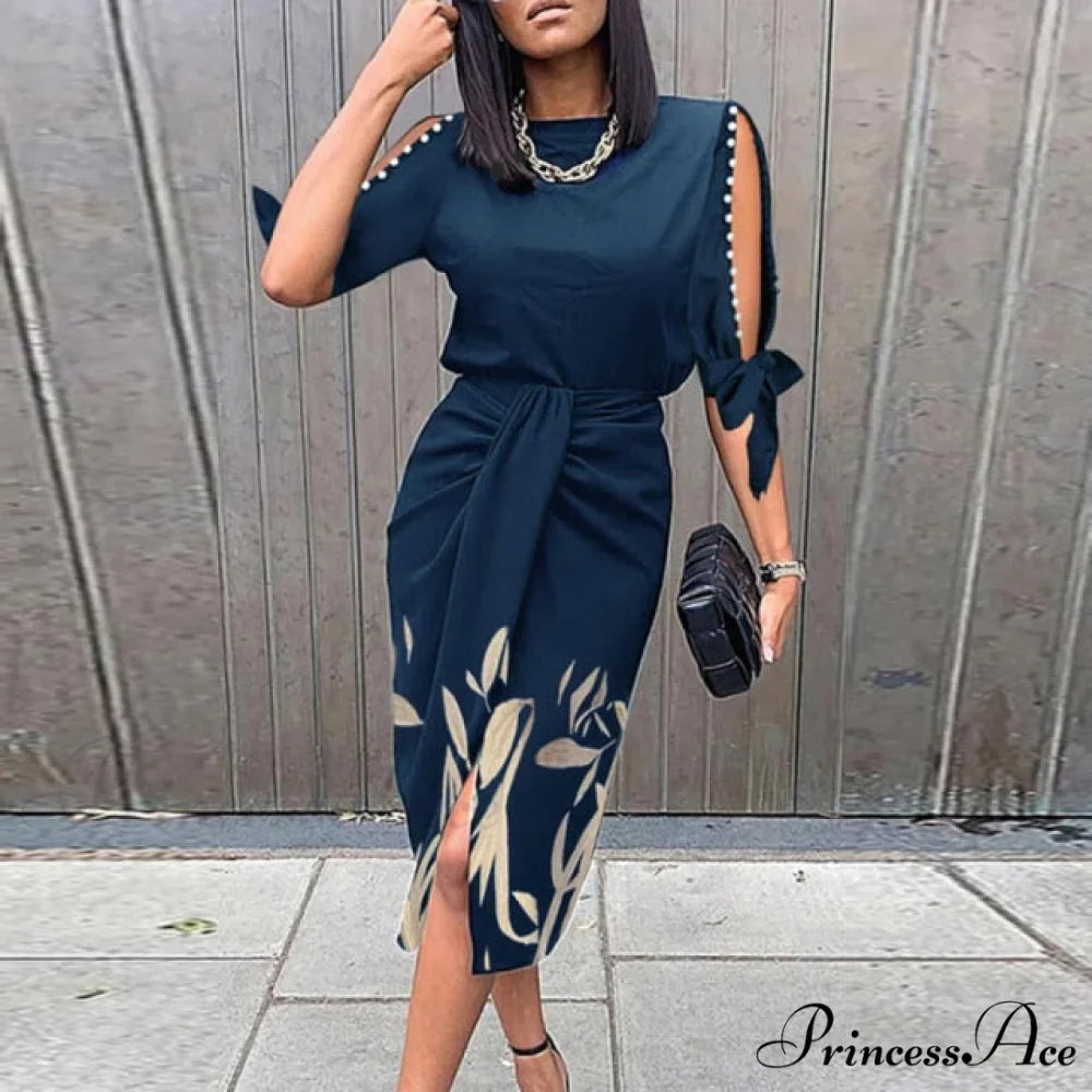 Lady Elegant O Neck Draped Slit Long Dress