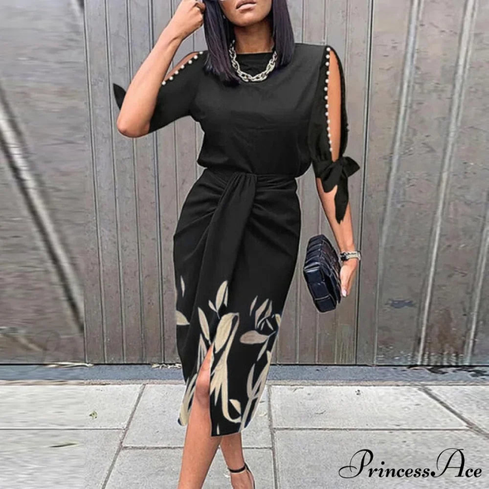 Lady Elegant O Neck Draped Slit Long Dress