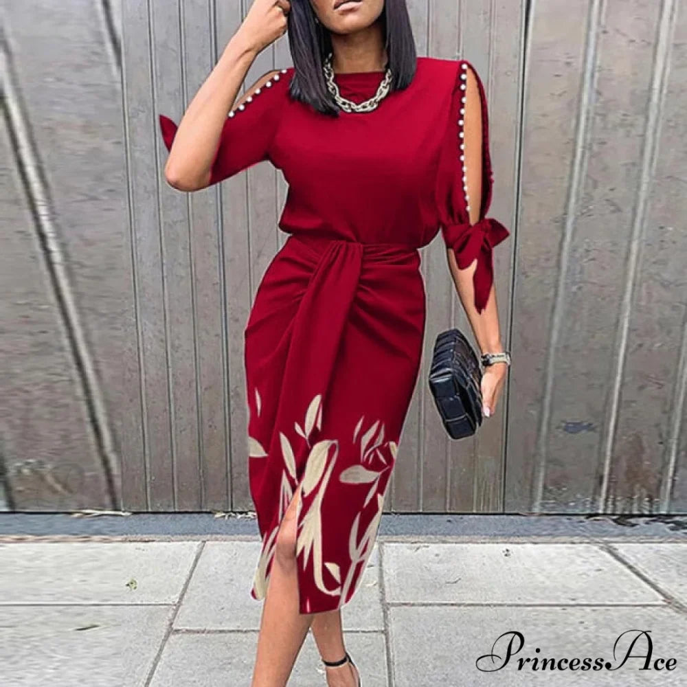 Lady Elegant O Neck Draped Slit Long Dress