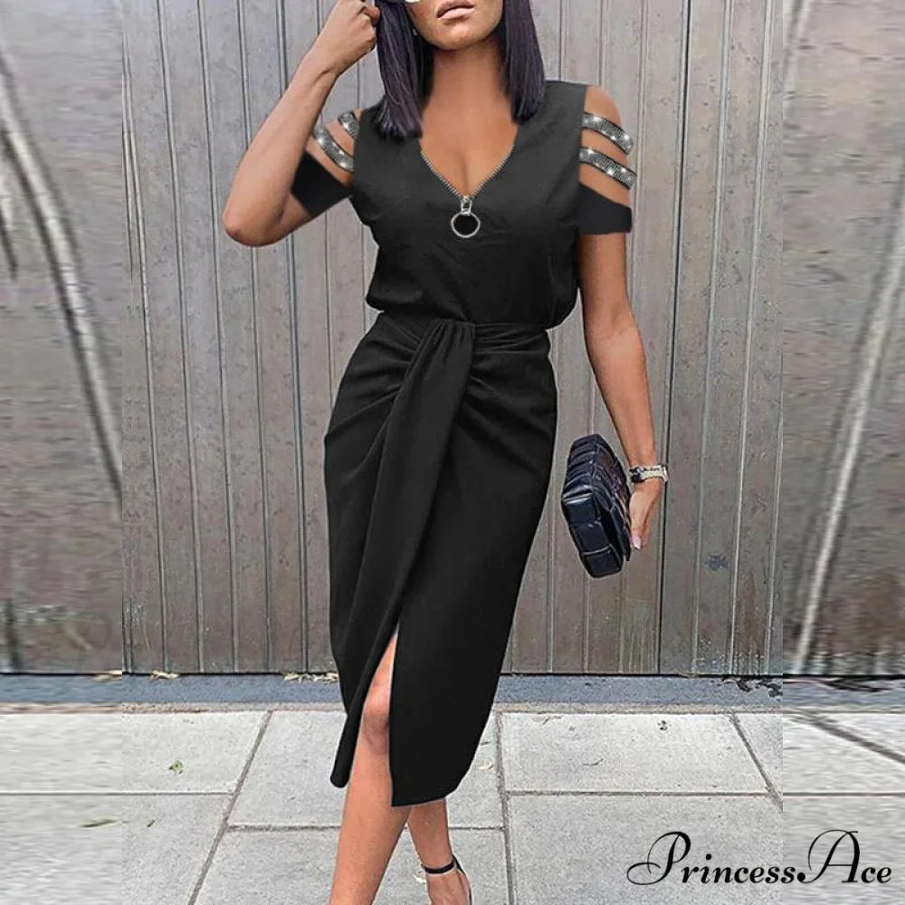 Lady Elegant O Neck Draped Slit Long Dress