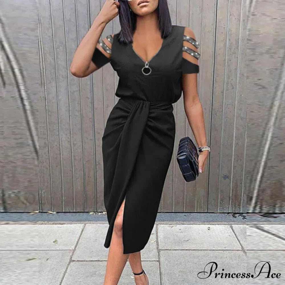 Lady Elegant O Neck Draped Slit Long Dress