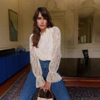 Lamp Sleeve Upright Neck Flower Boho Blouse