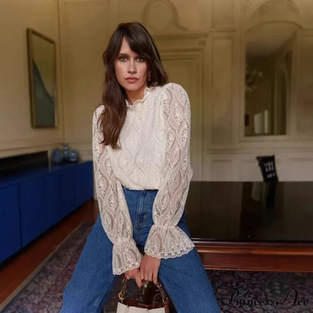 Lamp Sleeve Upright Neck Flower Boho Blouse