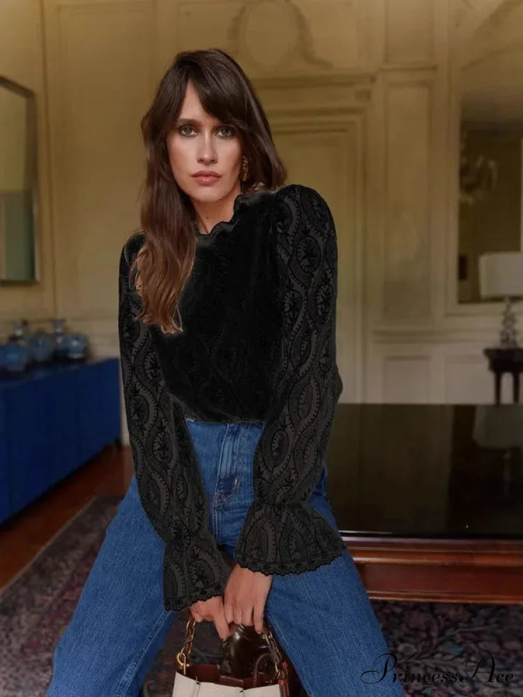 Lamp Sleeve Upright Neck Flower Boho Blouse