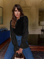 Lamp Sleeve Upright Neck Flower Boho Blouse