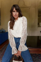 Lamp Sleeve Upright Neck Flower Boho Blouse