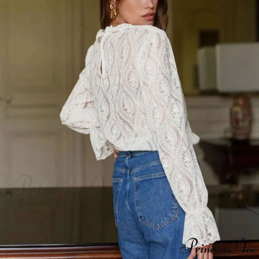 Lamp Sleeve Upright Neck Flower Boho Blouse