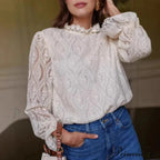 Lamp Sleeve Upright Neck Flower Boho Blouse