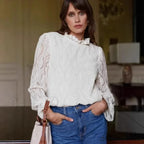 Lamp Sleeve Upright Neck Flower Boho Blouse