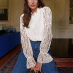 Lamp Sleeve Upright Neck Flower Boho Blouse