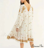 Lantern Extended Sleeve Cotton Rayon Embroidered Dress