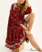 Lantern Extended Sleeve Cotton Rayon Embroidered Dress