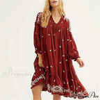 Lantern Extended Sleeve Cotton Rayon Embroidered Dress