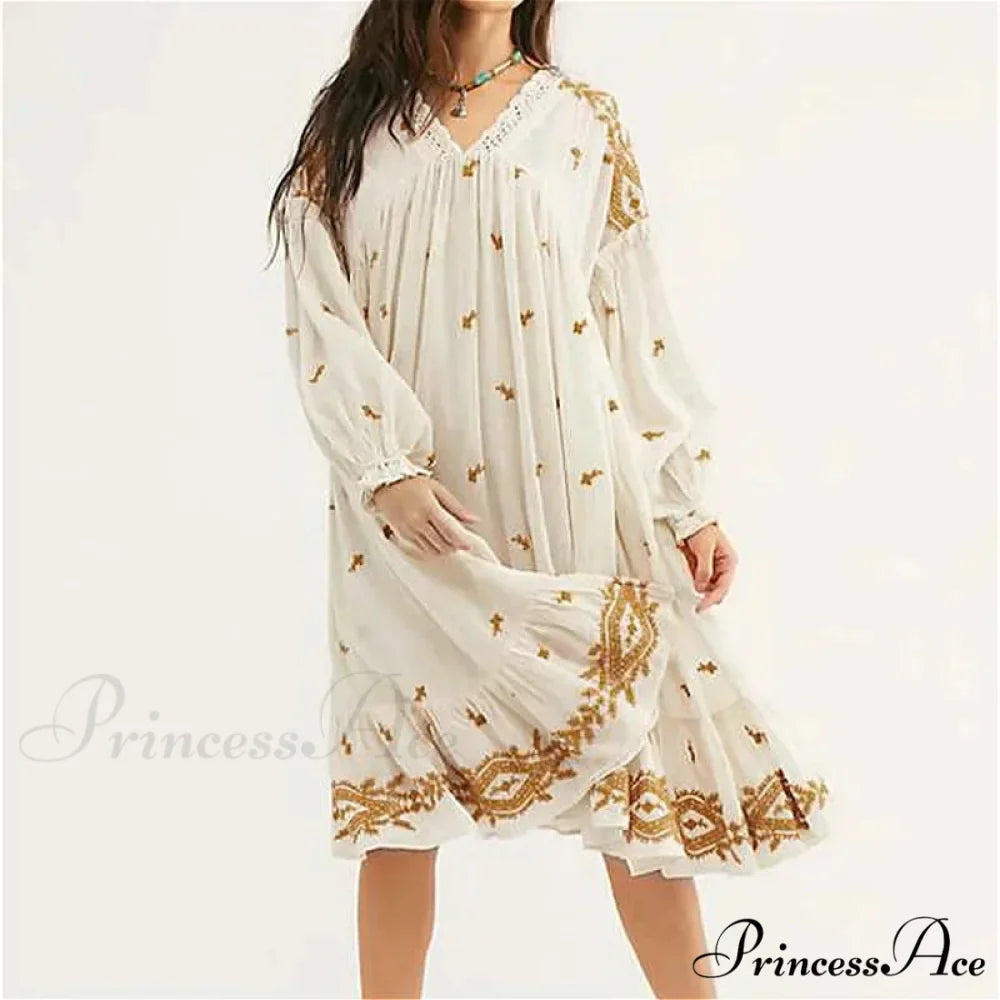 Lantern Extended Sleeve Cotton Rayon Embroidered Dress
