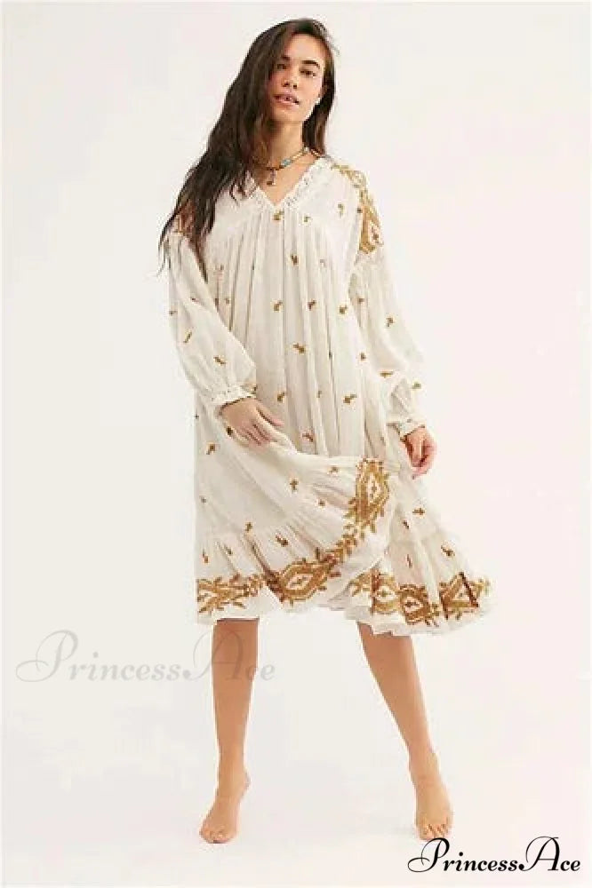 Lantern Extended Sleeve Cotton Rayon Embroidered Dress