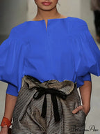 Lantern Quarter Sleeve Button Round Neck BlouseModified Title: Lantern One-fourth Sleeve Button Circular Neck Blouse