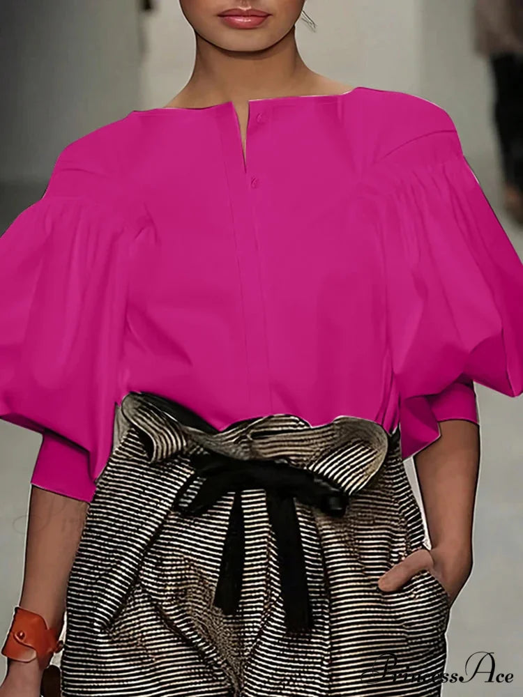 Lantern Quarter Sleeve Button Round Neck BlouseModified Title: Lantern One-fourth Sleeve Button Circular Neck Blouse