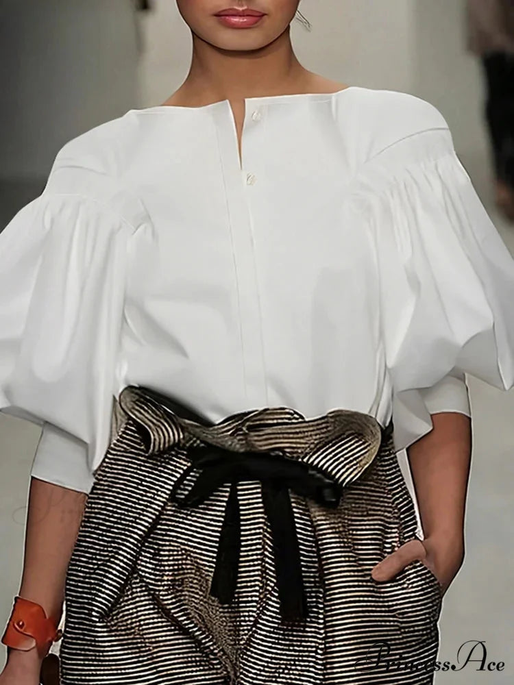 Lantern Quarter Sleeve Button Round Neck BlouseModified Title: Lantern One-fourth Sleeve Button Circular Neck Blouse