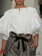 Lantern Quarter Sleeve Button Round Neck BlouseModified Title: Lantern One-fourth Sleeve Button Circular Neck Blouse