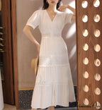 Lantern Sleeve Cotton Rayon Lace Splice Long Dress Classic White V-neck