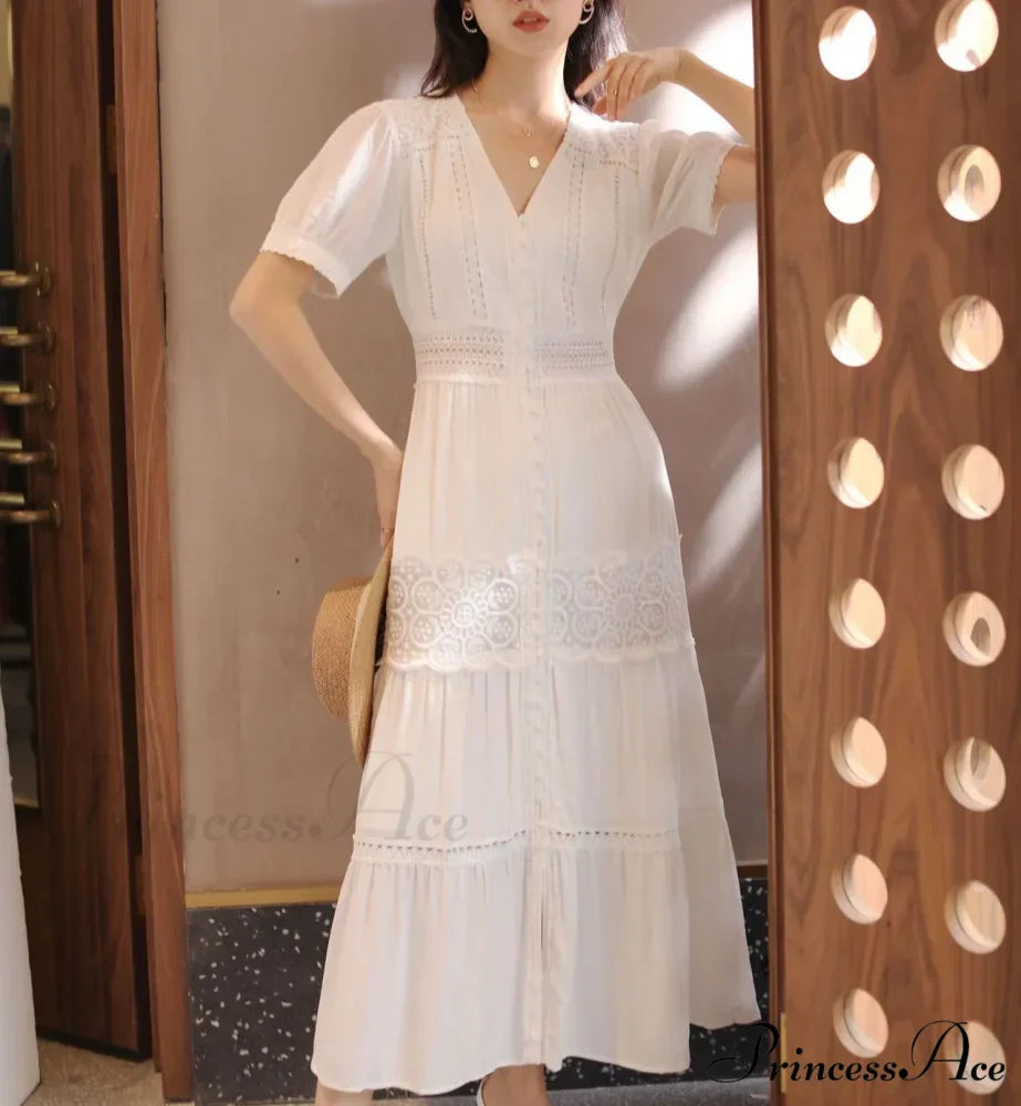 Lantern Sleeve Cotton Rayon Lace Splice Long Dress Classic White V-neck