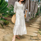 Lantern Sleeve Cotton Rayon Lace Splice Long Dress Classic White V-neck