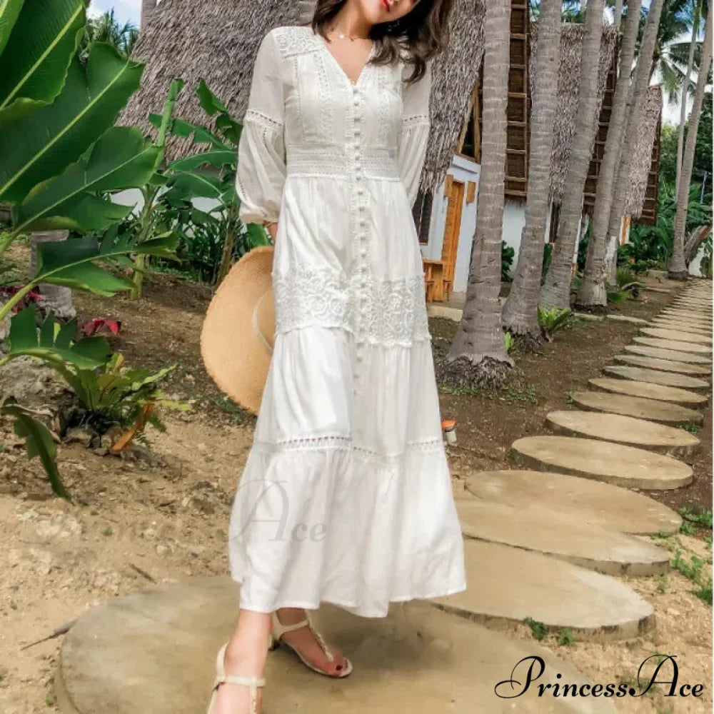 Lantern Sleeve Cotton Rayon Lace Splice Long Dress Classic White V-neck