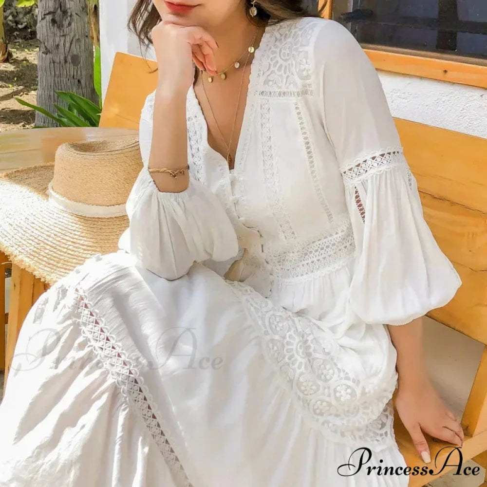 Lantern Sleeve Cotton Rayon Lace Splice Long Dress Classic White V-neck