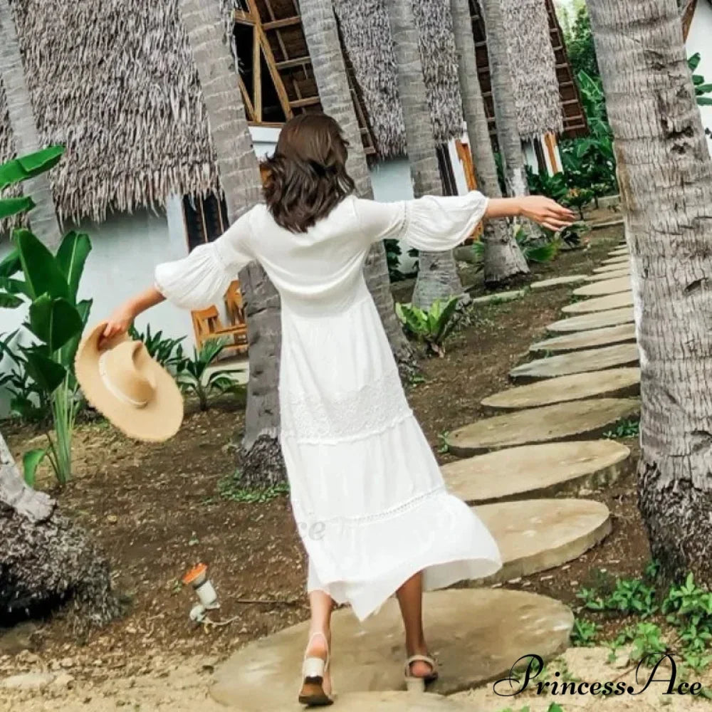 Lantern Sleeve Cotton Rayon Lace Splice Long Dress Classic White V-neck