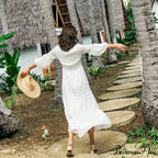 Lantern Sleeve Cotton Rayon Lace Splice Long Dress Classic White V-neck