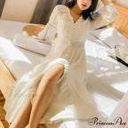 Lantern Sleeve Cotton Rayon Lace Splice Long Dress Classic White V-neck