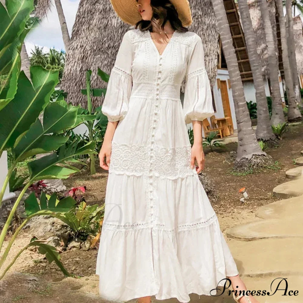 Lantern Sleeve Cotton Rayon Lace Splice Long Dress Classic White V-neck