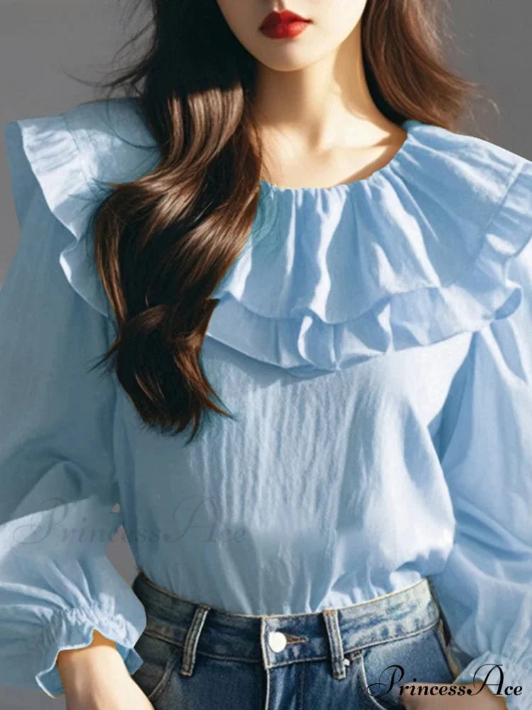 Lantern Sleeve Frilled Circular Neck Blouse