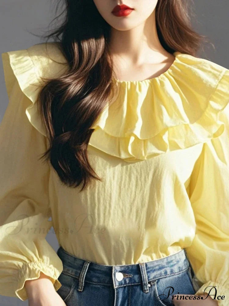 Lantern Sleeve Frilled Circular Neck Blouse