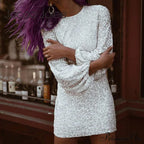 Lantern Sleeve O Neck Sequin Bodycon Dress
