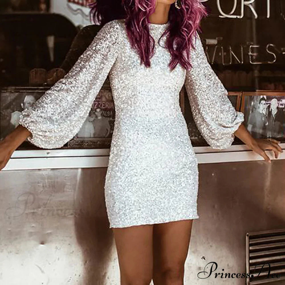 Lantern Sleeve O Neck Sequin Bodycon Dress