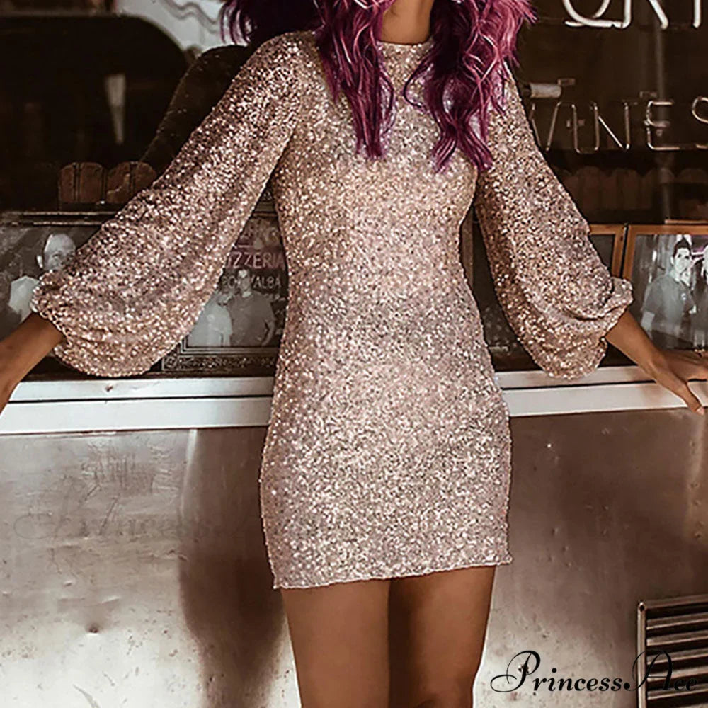 Lantern Sleeve O Neck Sequin Bodycon Dress
