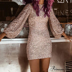 Lantern Sleeve O Neck Sequin Bodycon Dress