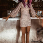 Lantern Sleeve O Neck Sequin Bodycon Dress