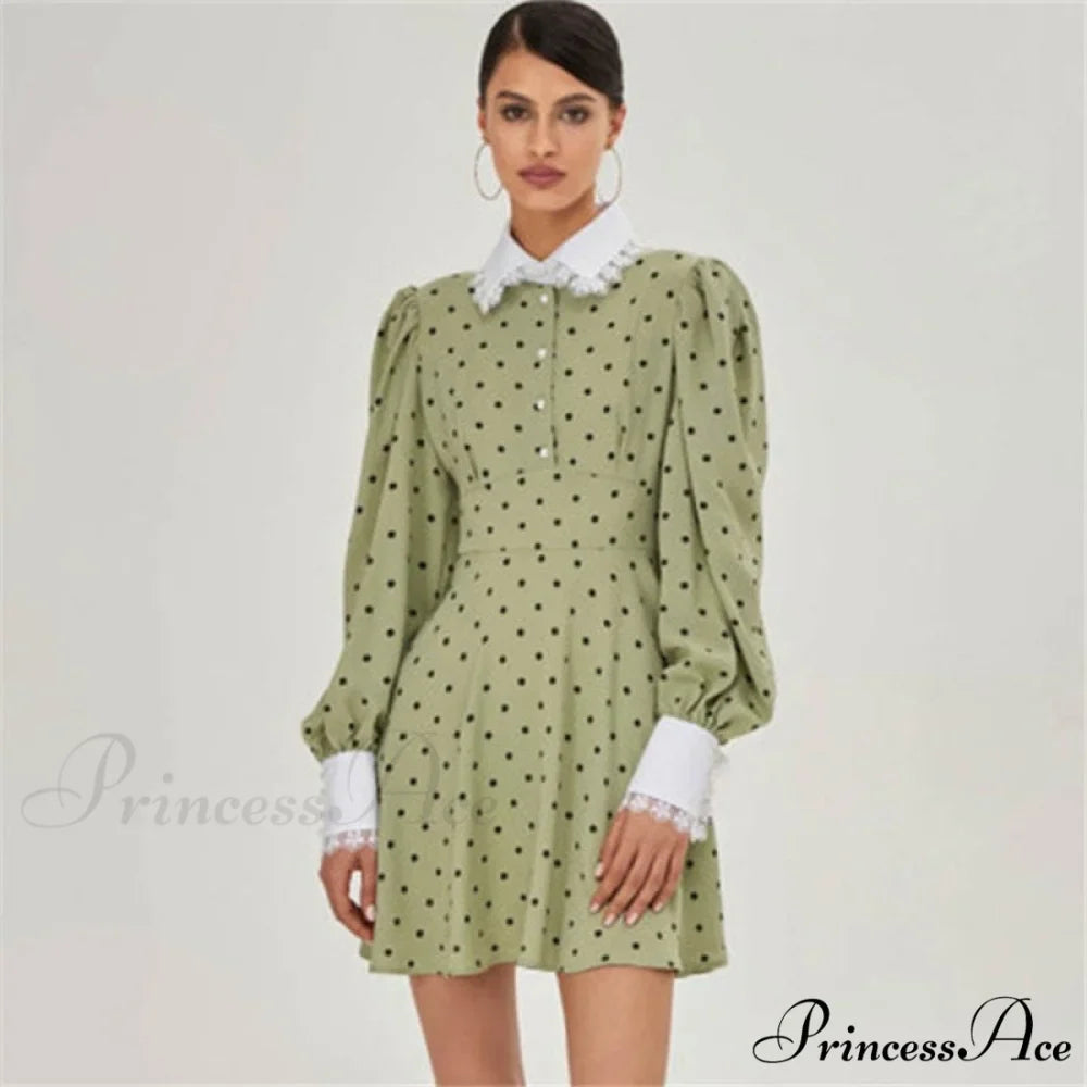 Lantern Sleeve Polka Dot A-Line Dress