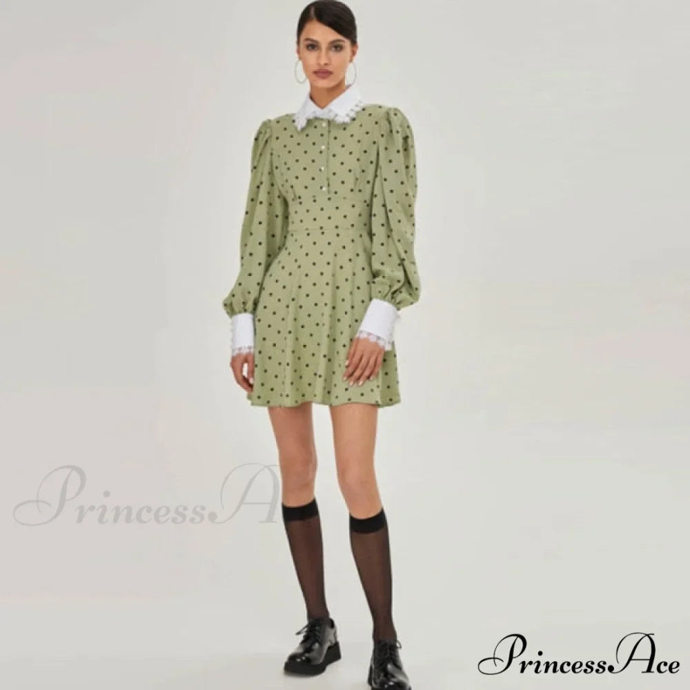 Lantern Sleeve Polka Dot A-Line Dress