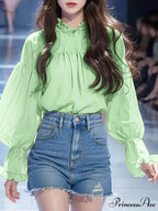 Lantern Sleeve Solid Stand Collar BlouseModified Title: Lantern Sleeve Monochrome High Neck Blouse