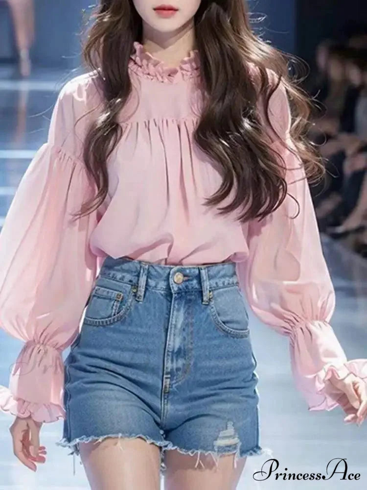 Lantern Sleeve Solid Stand Collar BlouseModified Title: Lantern Sleeve Monochrome High Neck Blouse