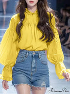 Lantern Sleeve Solid Stand Collar BlouseModified Title: Lantern Sleeve Monochrome High Neck Blouse