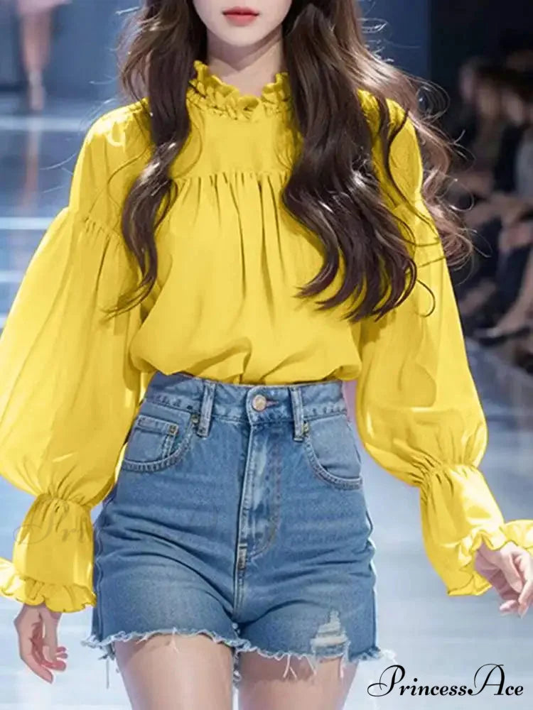 Lantern Sleeve Solid Stand Collar BlouseModified Title: Lantern Sleeve Monochrome High Neck Blouse